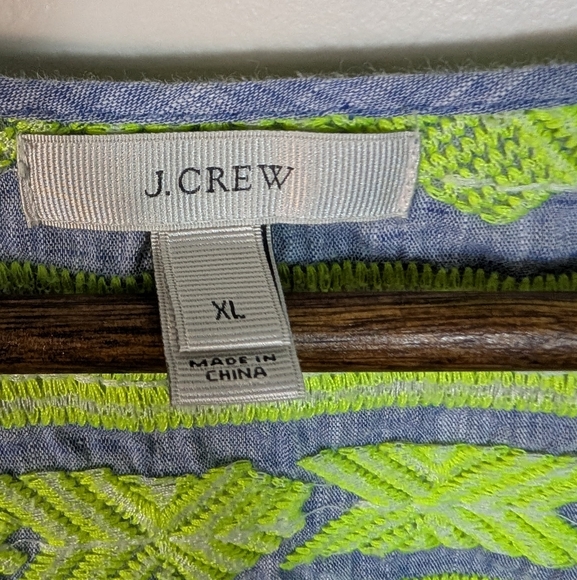 J.Crew Embroidery Neon Green Blue Chambray Linen Mini Cover Up Dress - Picture 4 of 10